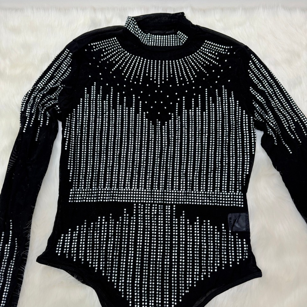 NEW Rhinestone Long Sleeve‎ Mock Neck Bodysuit